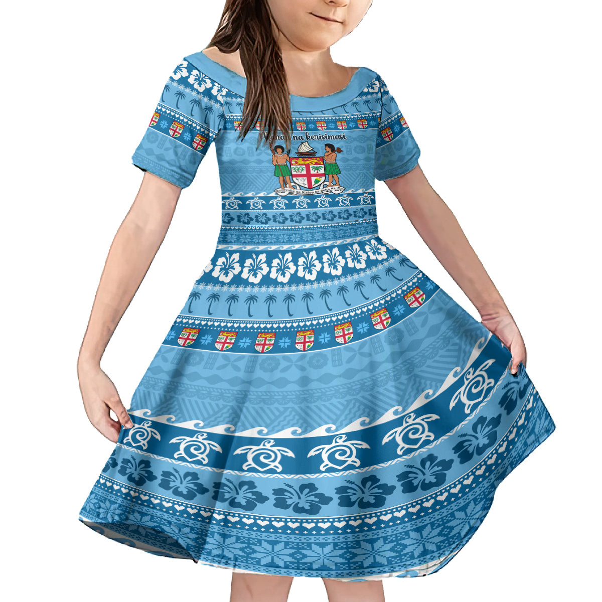Custom Fiji Christmas Kid Short Sleeve Dress Fijian Tapa Marau na Kerisimasi - Wonder Print Shop
