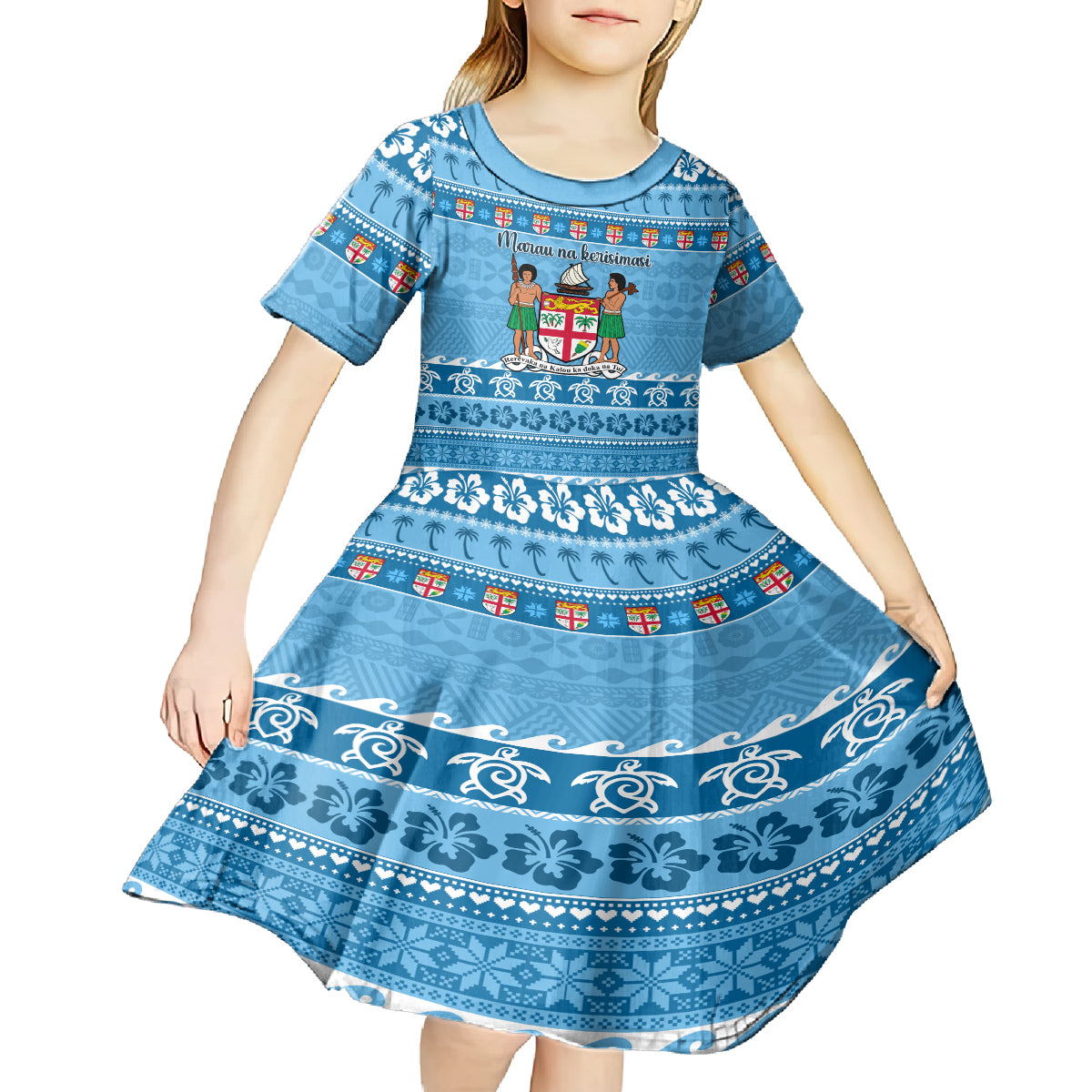 Custom Fiji Christmas Kid Short Sleeve Dress Fijian Tapa Marau na Kerisimasi - Wonder Print Shop