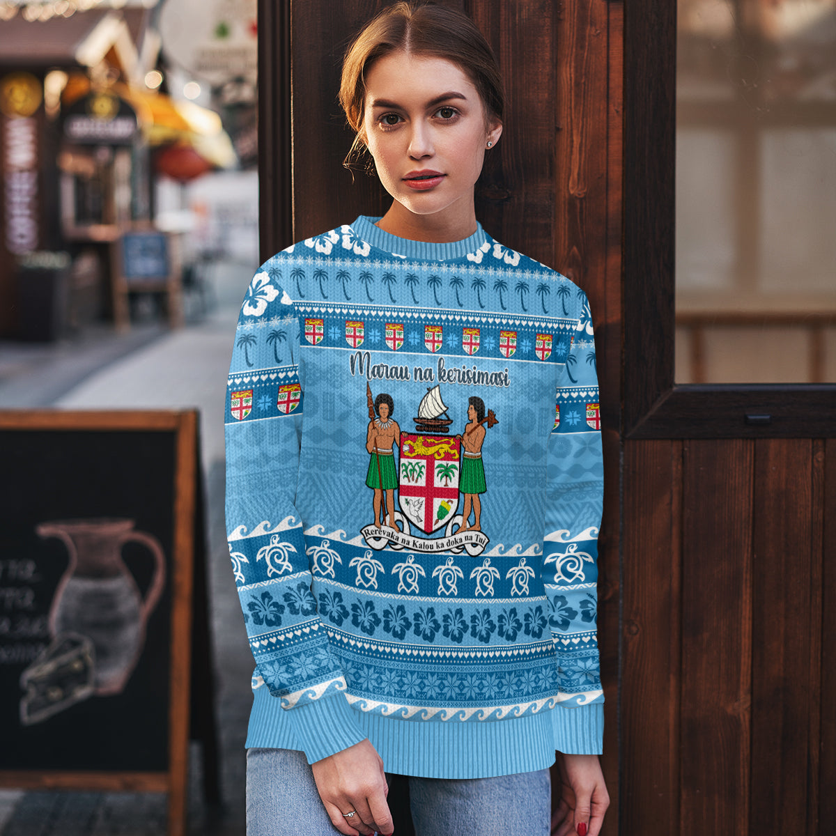 Custom Fiji Christmas Ugly Christmas Sweater Fijian Tapa Marau na Kerisimasi - Wonder Print Shop