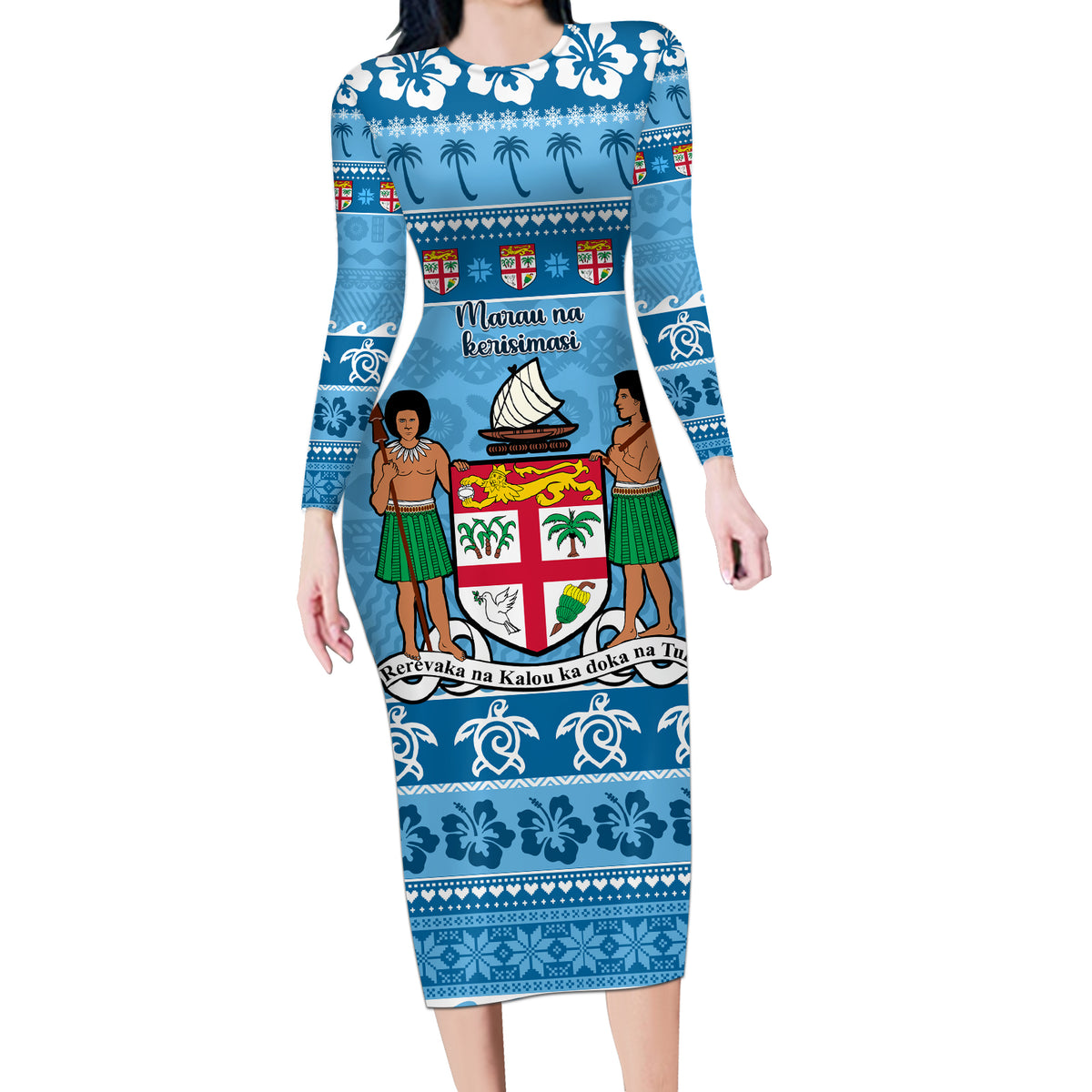Custom Fiji Christmas Long Sleeve Bodycon Dress Fijian Tapa Marau na Kerisimasi - Wonder Print Shop