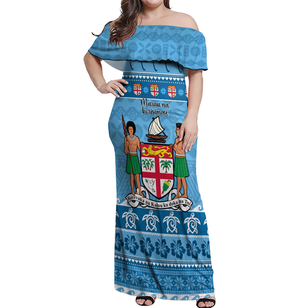 Custom Fiji Christmas Off Shoulder Maxi Dress Fijian Tapa Marau na Kerisimasi - Wonder Print Shop