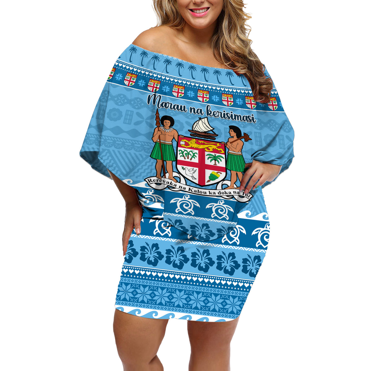Custom Fiji Christmas Off Shoulder Short Dress Fijian Tapa Marau na Kerisimasi - Wonder Print Shop