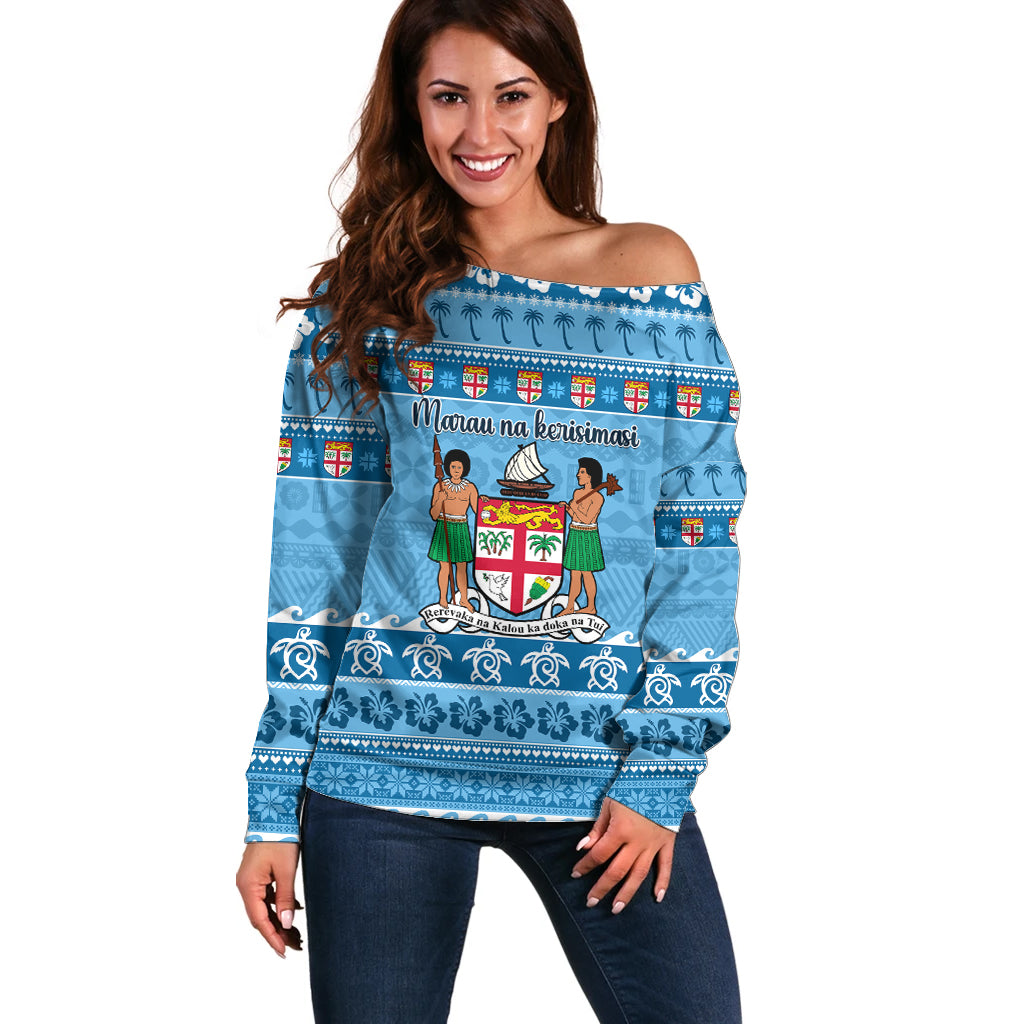 Custom Fiji Christmas Off Shoulder Sweater Fijian Tapa Marau na Kerisimasi - Wonder Print Shop