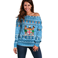 Custom Fiji Christmas Off Shoulder Sweater Fijian Tapa Marau na Kerisimasi - Wonder Print Shop