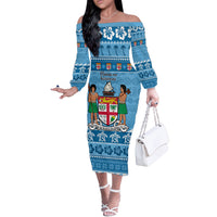 Custom Fiji Christmas Off The Shoulder Long Sleeve Dress Fijian Tapa Marau na Kerisimasi - Wonder Print Shop