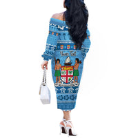 Custom Fiji Christmas Off The Shoulder Long Sleeve Dress Fijian Tapa Marau na Kerisimasi - Wonder Print Shop