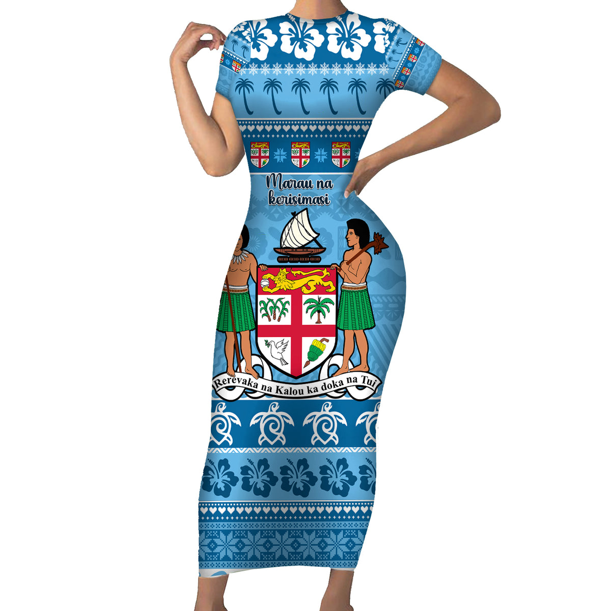 Custom Fiji Christmas Short Sleeve Bodycon Dress Fijian Tapa Marau na Kerisimasi - Wonder Print Shop
