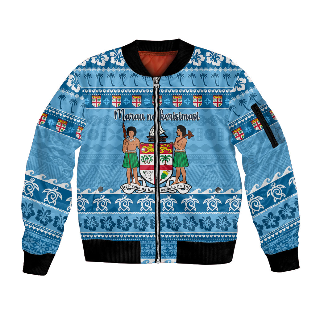 Custom Fiji Christmas Sleeve Zip Bomber Jacket Fijian Tapa Marau na Kerisimasi - Wonder Print Shop