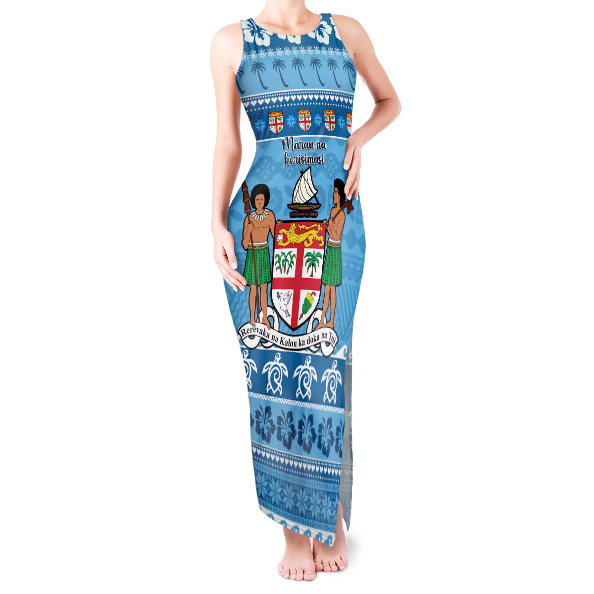Custom Fiji Christmas Tank Maxi Dress Fijian Tapa Marau na Kerisimasi - Wonder Print Shop