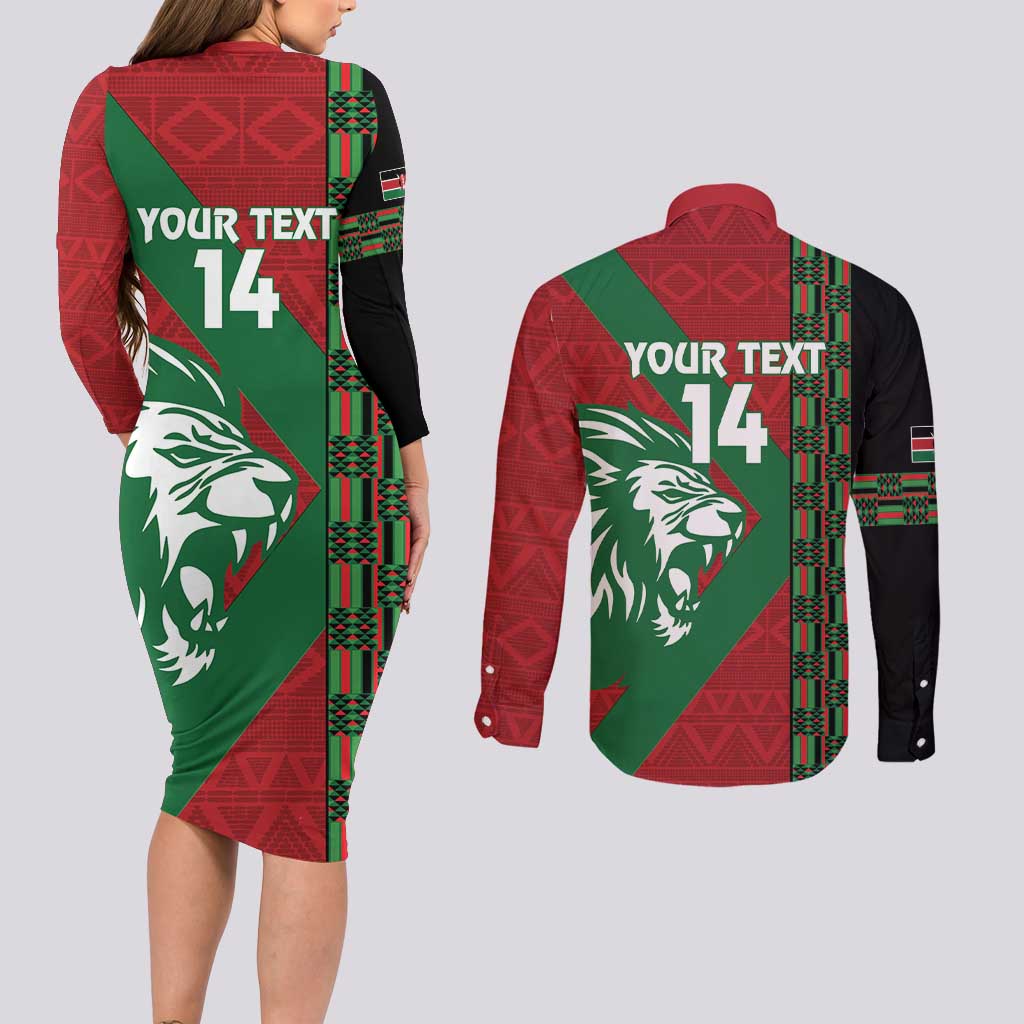 Kenya Rugby Custom Couples Matching Long Sleeve Bodycon Dress and Long Sleeve Button Shirt Go Lionesses - African Pattern - Wonder Print Shop
