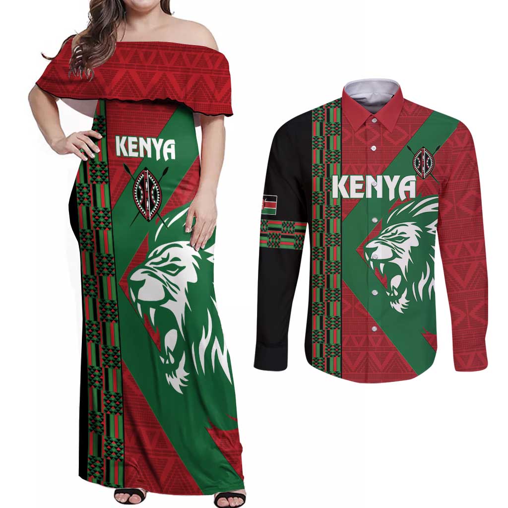 Kenya Rugby Custom Couples Matching Off Shoulder Maxi Dress and Long Sleeve Button Shirt Go Lionesses - African Pattern - Wonder Print Shop