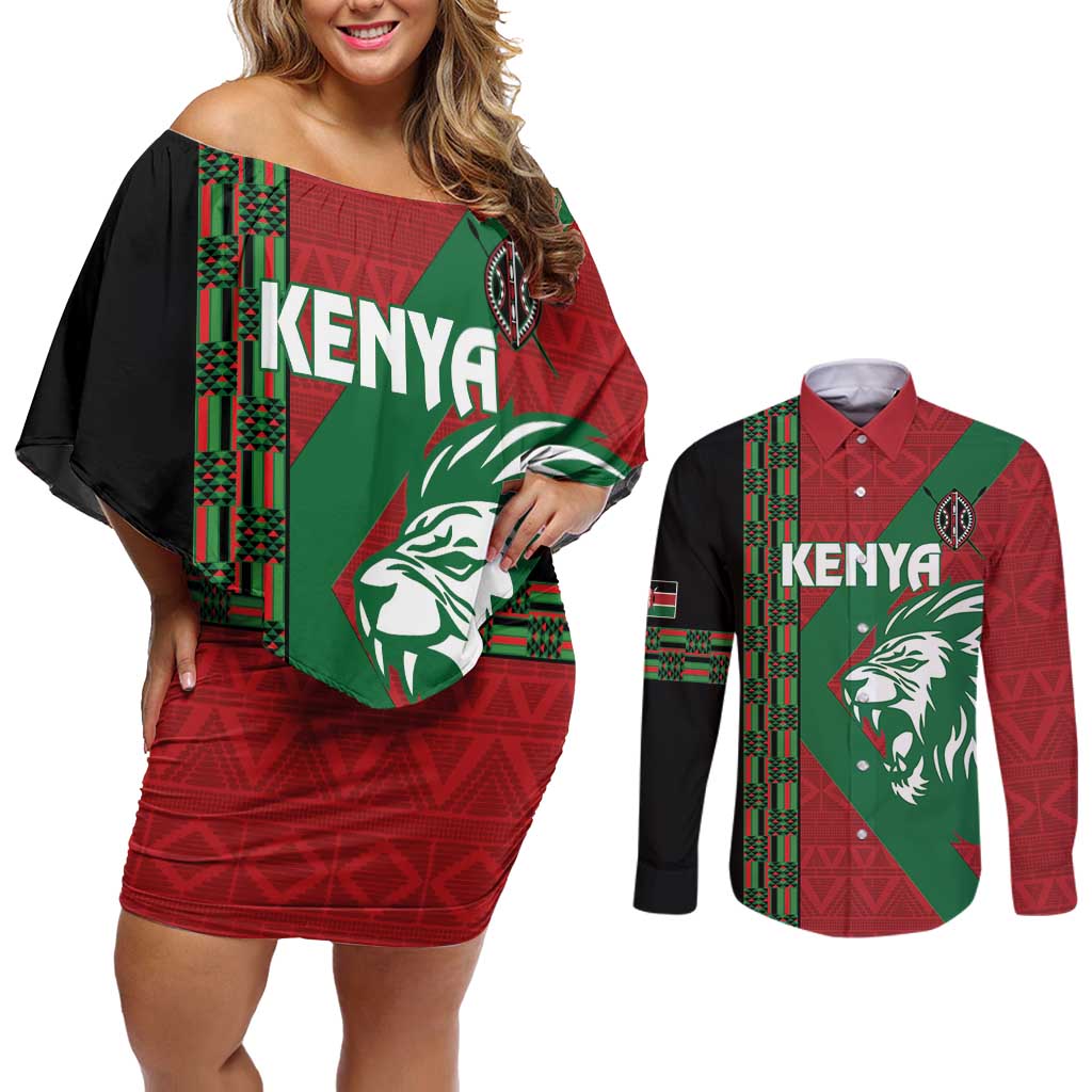 Kenya Rugby Custom Couples Matching Off Shoulder Short Dress and Long Sleeve Button Shirt Go Lionesses - African Pattern - Wonder Print Shop