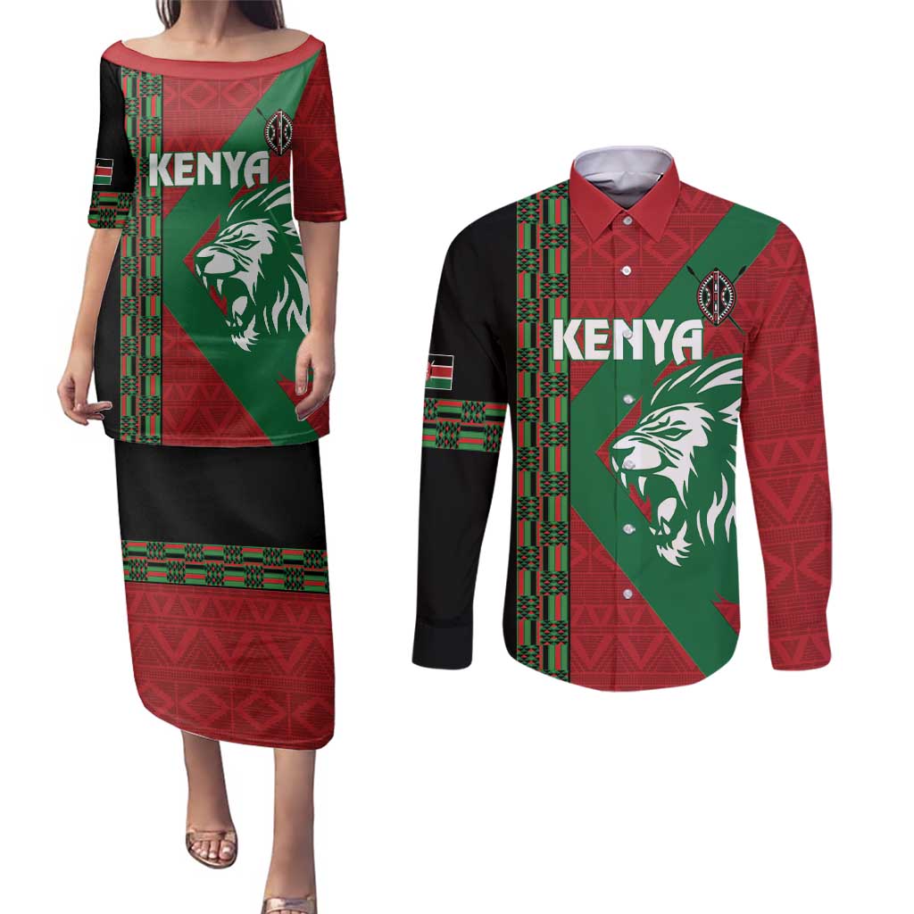 Kenya Rugby Custom Couples Matching Puletasi and Long Sleeve Button Shirt Go Lionesses - African Pattern - Wonder Print Shop