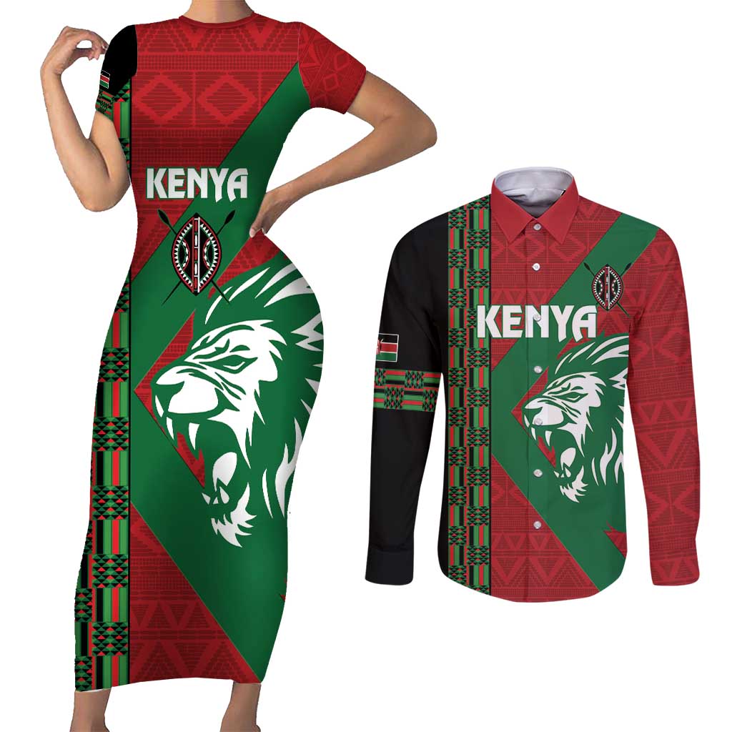 Kenya Rugby Custom Couples Matching Short Sleeve Bodycon Dress and Long Sleeve Button Shirt Go Lionesses - African Pattern - Wonder Print Shop