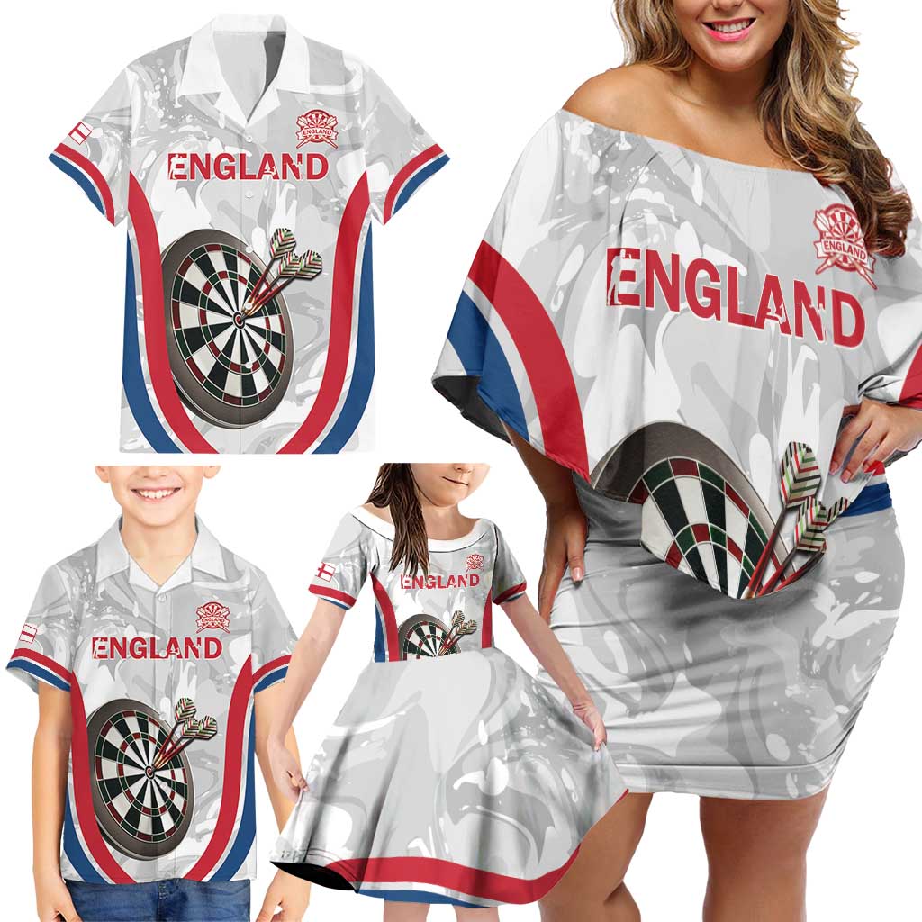 Custom England Darts Family Matching Off Shoulder Short Dress and Hawaiian Shirt Go Champions Grunge Marble Style - Wonder Print Shop