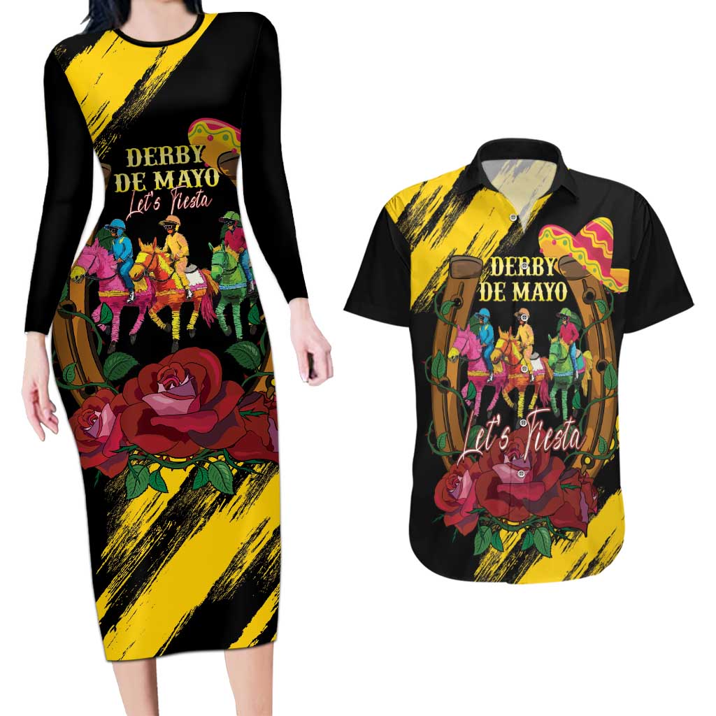 Derby De Mayo 2025 Couples Matching Long Sleeve Bodycon Dress and Hawaiian Shirt Pinata Horse Racing Let's Fiesta