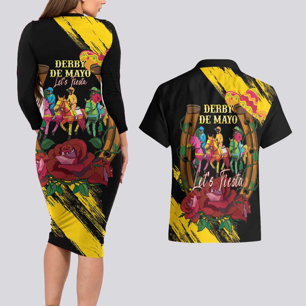 Derby De Mayo 2025 Couples Matching Long Sleeve Bodycon Dress and Hawaiian Shirt Pinata Horse Racing Let's Fiesta