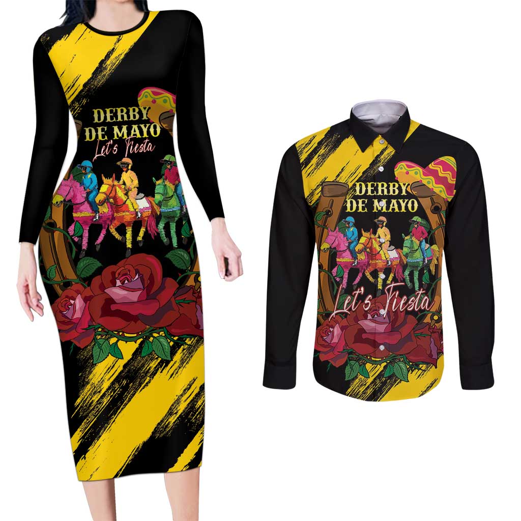 Derby De Mayo 2025 Couples Matching Long Sleeve Bodycon Dress and Long Sleeve Button Shirt Pinata Horse Racing Let's Fiesta