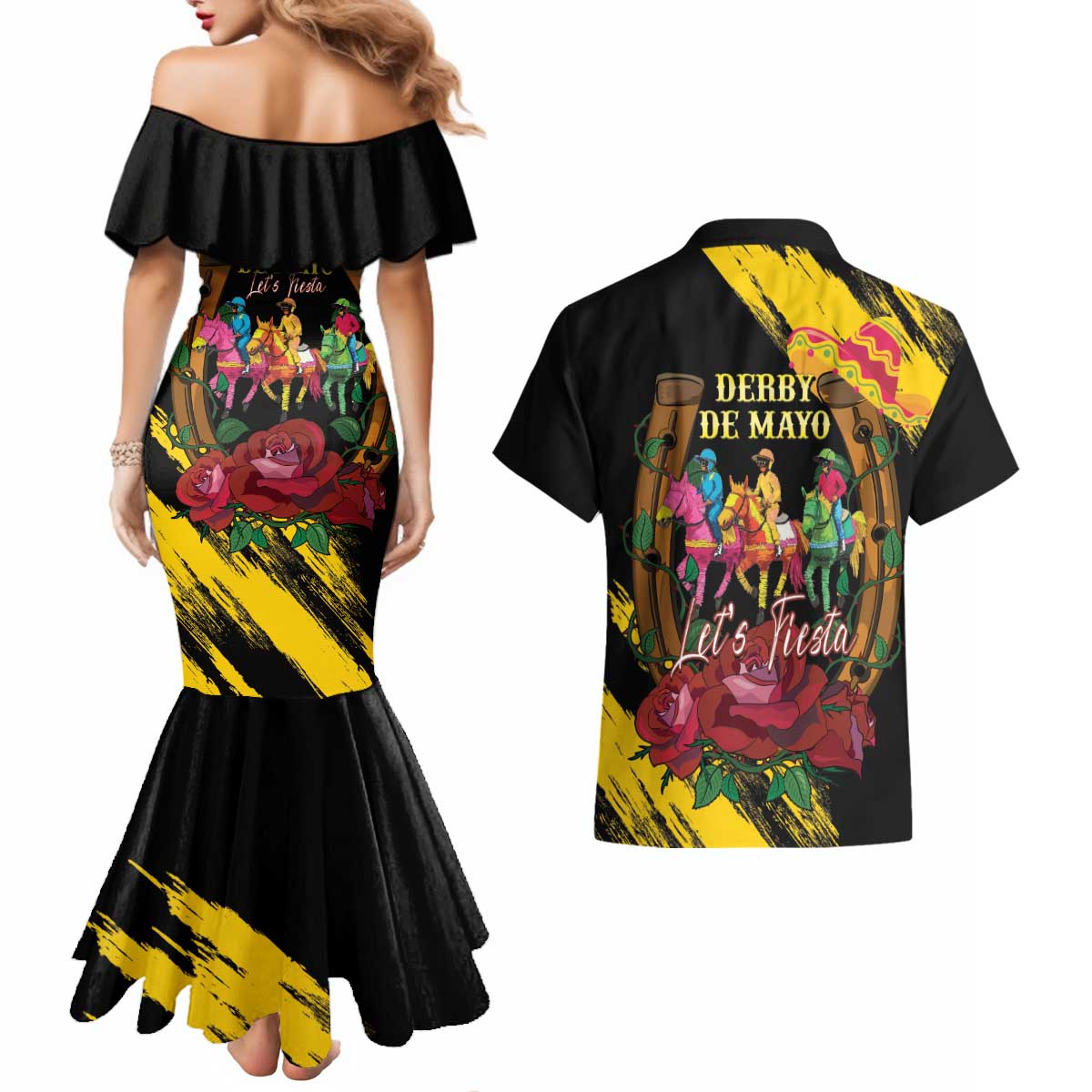 Derby De Mayo 2025 Couples Matching Mermaid Dress and Hawaiian Shirt Pinata Horse Racing Let's Fiesta