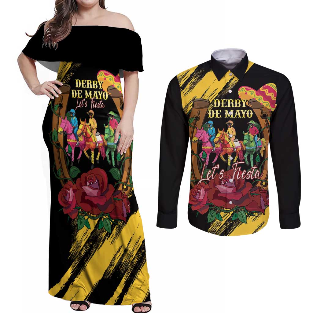 Derby De Mayo 2025 Couples Matching Off Shoulder Maxi Dress and Long Sleeve Button Shirt Pinata Horse Racing Let's Fiesta