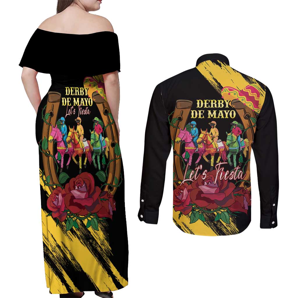Derby De Mayo 2025 Couples Matching Off Shoulder Maxi Dress and Long Sleeve Button Shirt Pinata Horse Racing Let's Fiesta