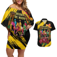 Derby De Mayo 2025 Couples Matching Off Shoulder Short Dress and Hawaiian Shirt Pinata Horse Racing Let's Fiesta