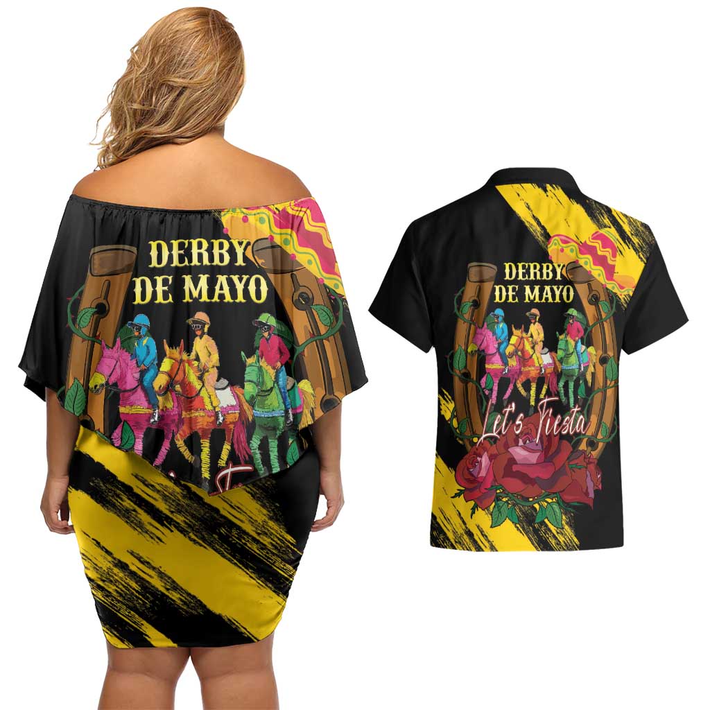 Derby De Mayo 2025 Couples Matching Off Shoulder Short Dress and Hawaiian Shirt Pinata Horse Racing Let's Fiesta