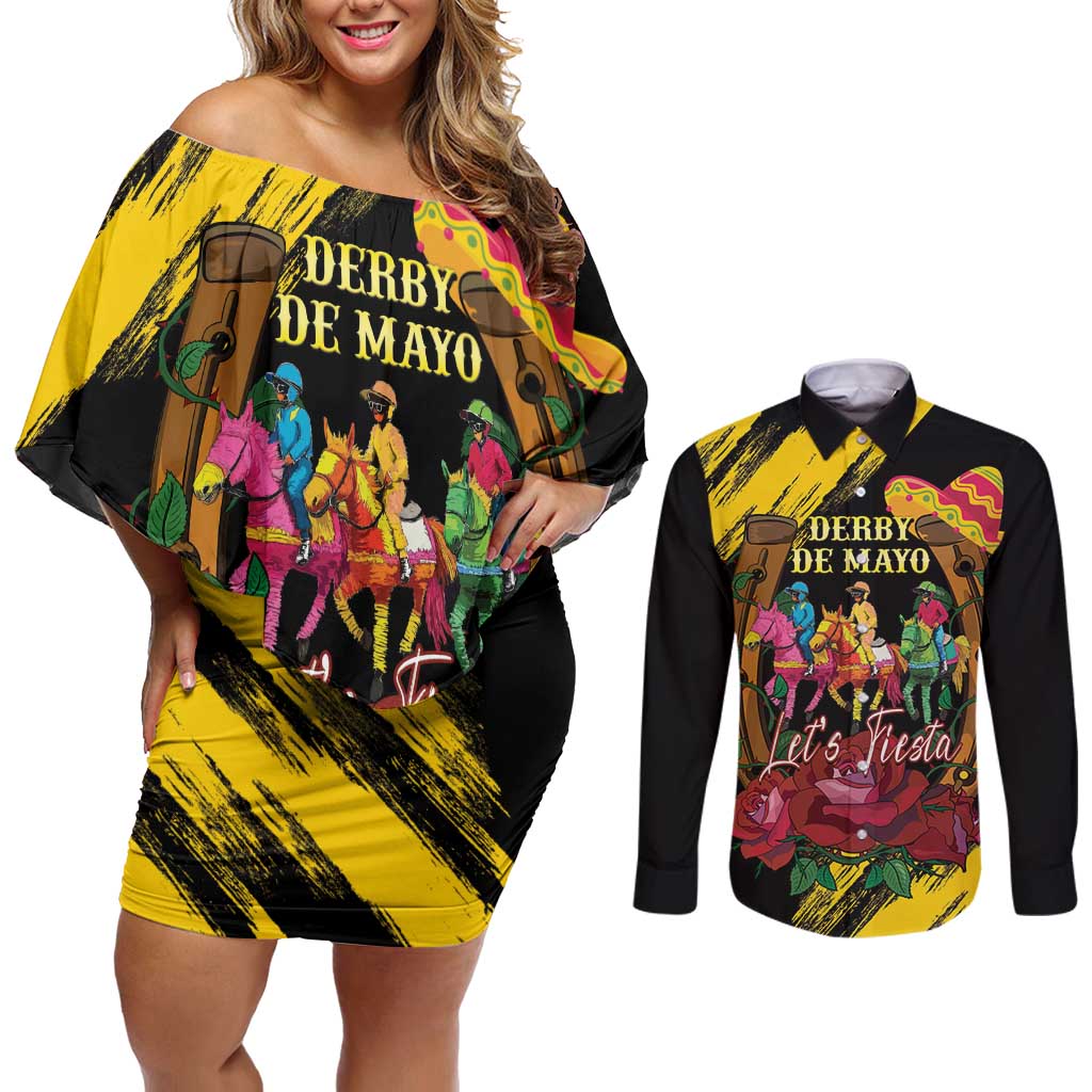 Derby De Mayo 2025 Couples Matching Off Shoulder Short Dress and Long Sleeve Button Shirt Pinata Horse Racing Let's Fiesta
