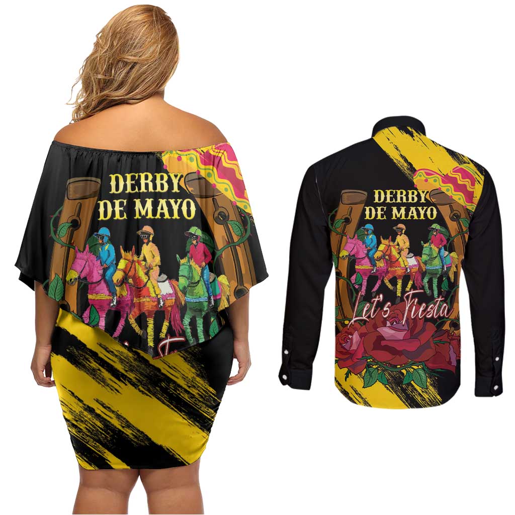 Derby De Mayo 2025 Couples Matching Off Shoulder Short Dress and Long Sleeve Button Shirt Pinata Horse Racing Let's Fiesta