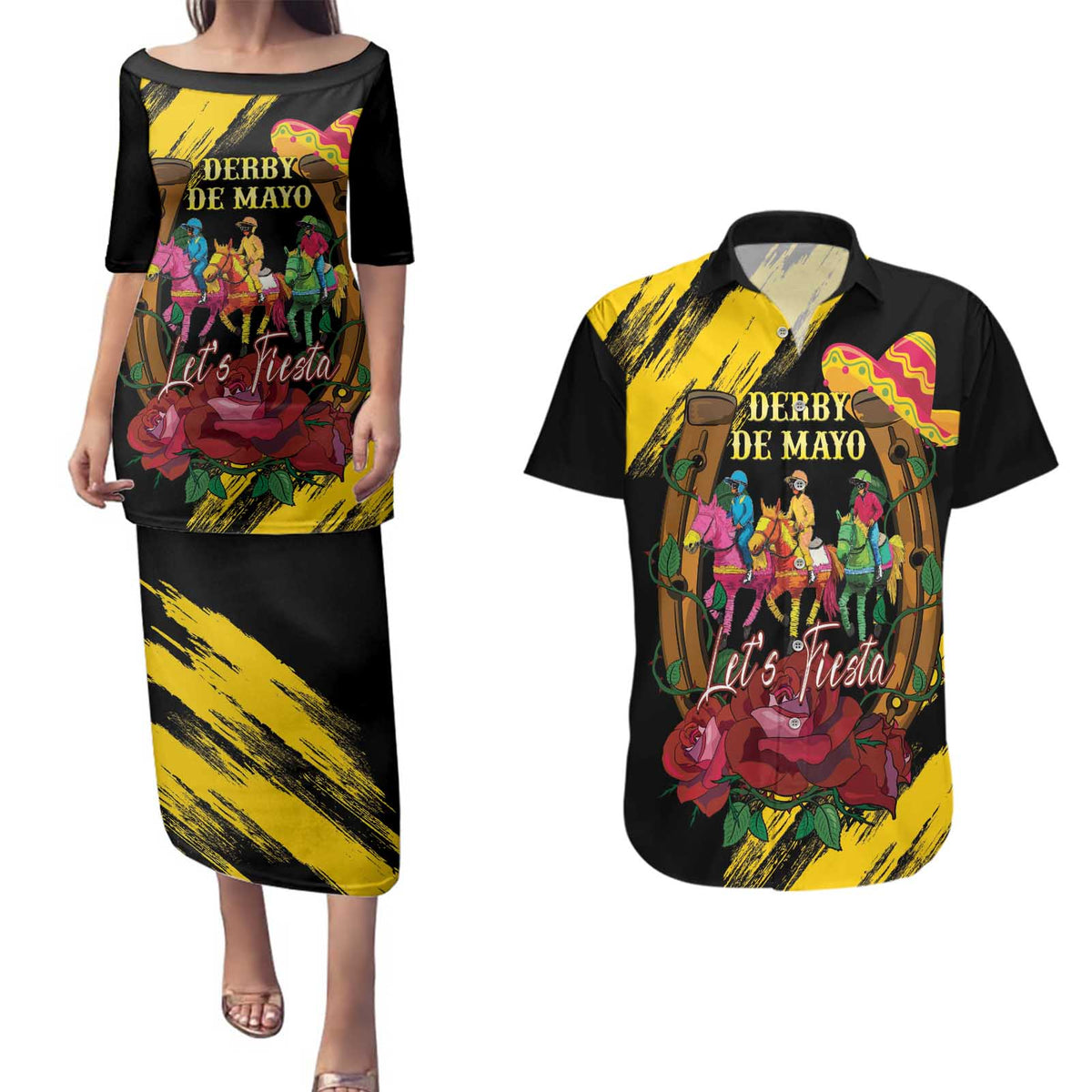 Derby De Mayo 2025 Couples Matching Puletasi and Hawaiian Shirt Pinata Horse Racing Let's Fiesta