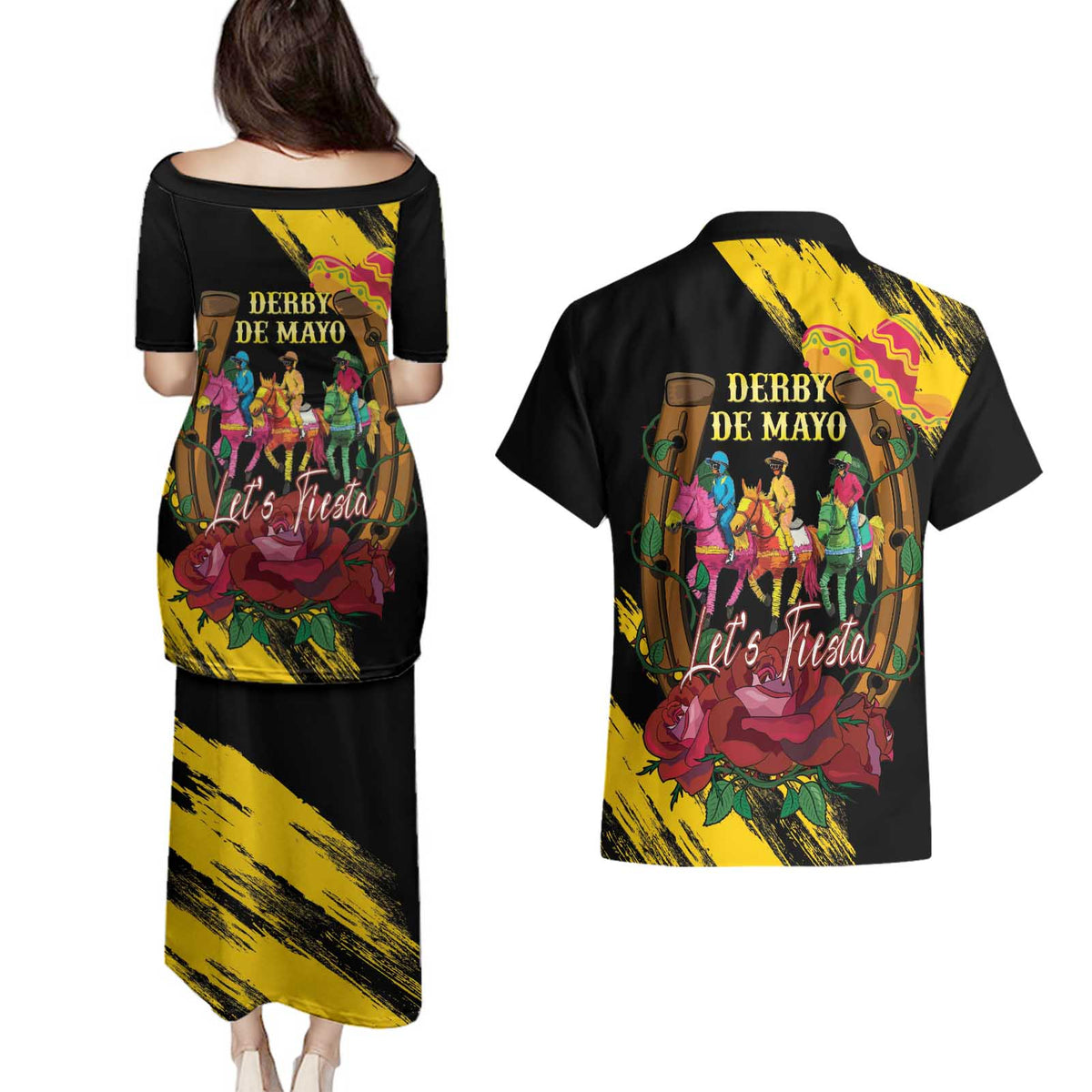 Derby De Mayo 2025 Couples Matching Puletasi and Hawaiian Shirt Pinata Horse Racing Let's Fiesta