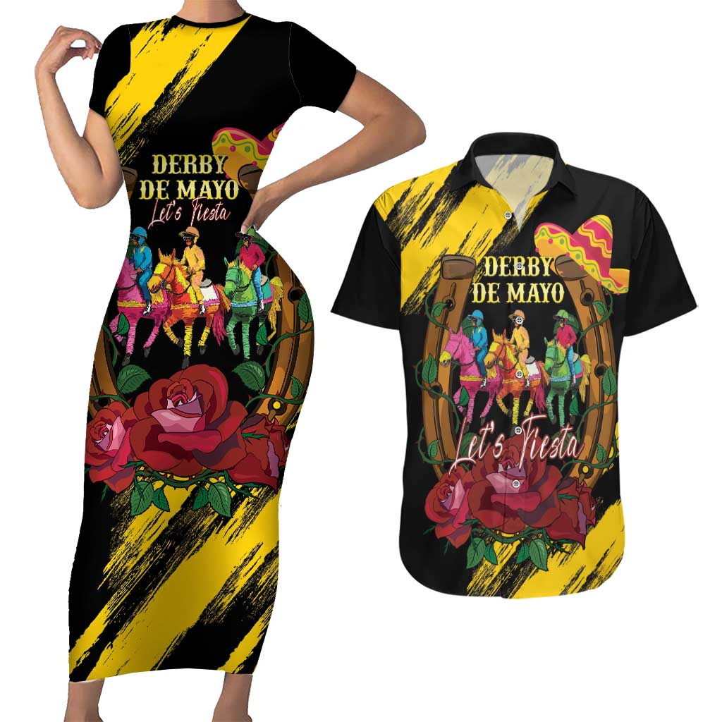 Derby De Mayo 2025 Couples Matching Short Sleeve Bodycon Dress and Hawaiian Shirt Pinata Horse Racing Let's Fiesta