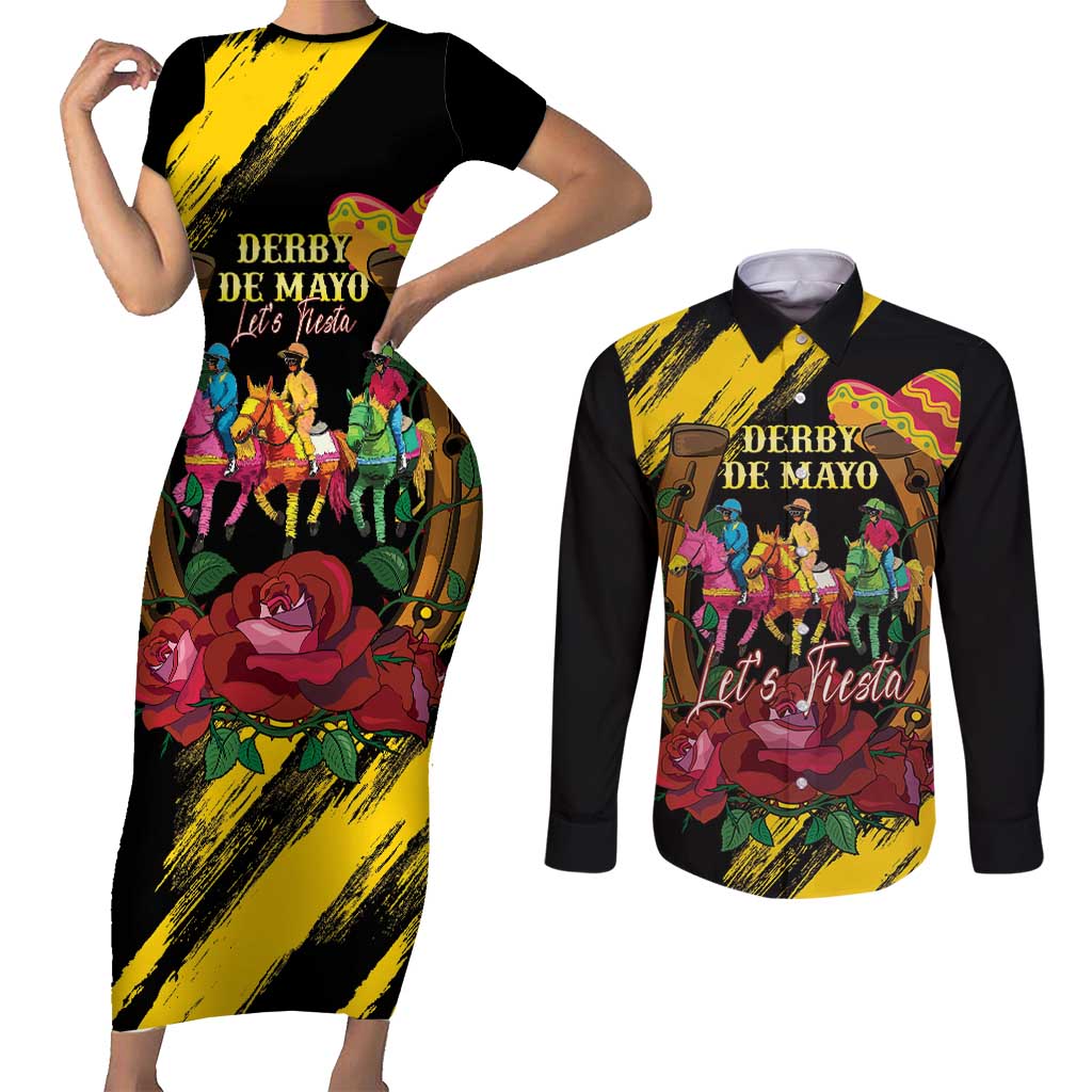 Derby De Mayo 2025 Couples Matching Short Sleeve Bodycon Dress and Long Sleeve Button Shirt Pinata Horse Racing Let's Fiesta
