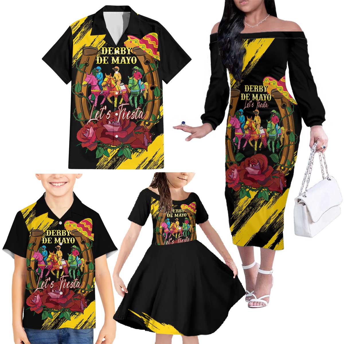 Derby De Mayo 2025 Family Matching Off The Shoulder Long Sleeve Dress and Hawaiian Shirt Pinata Horse Racing Let's Fiesta