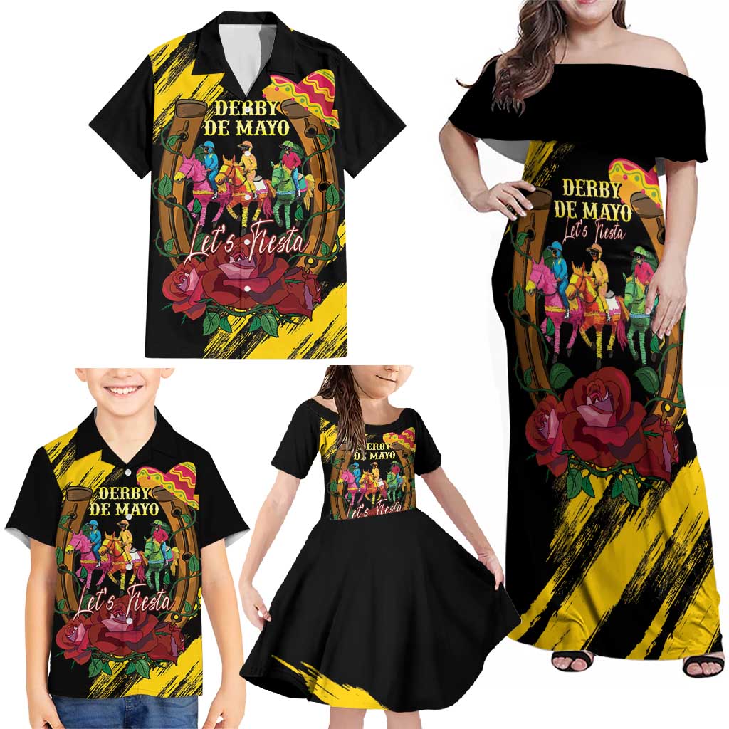 Derby De Mayo 2025 Family Matching Off Shoulder Maxi Dress and Hawaiian Shirt Pinata Horse Racing Let's Fiesta
