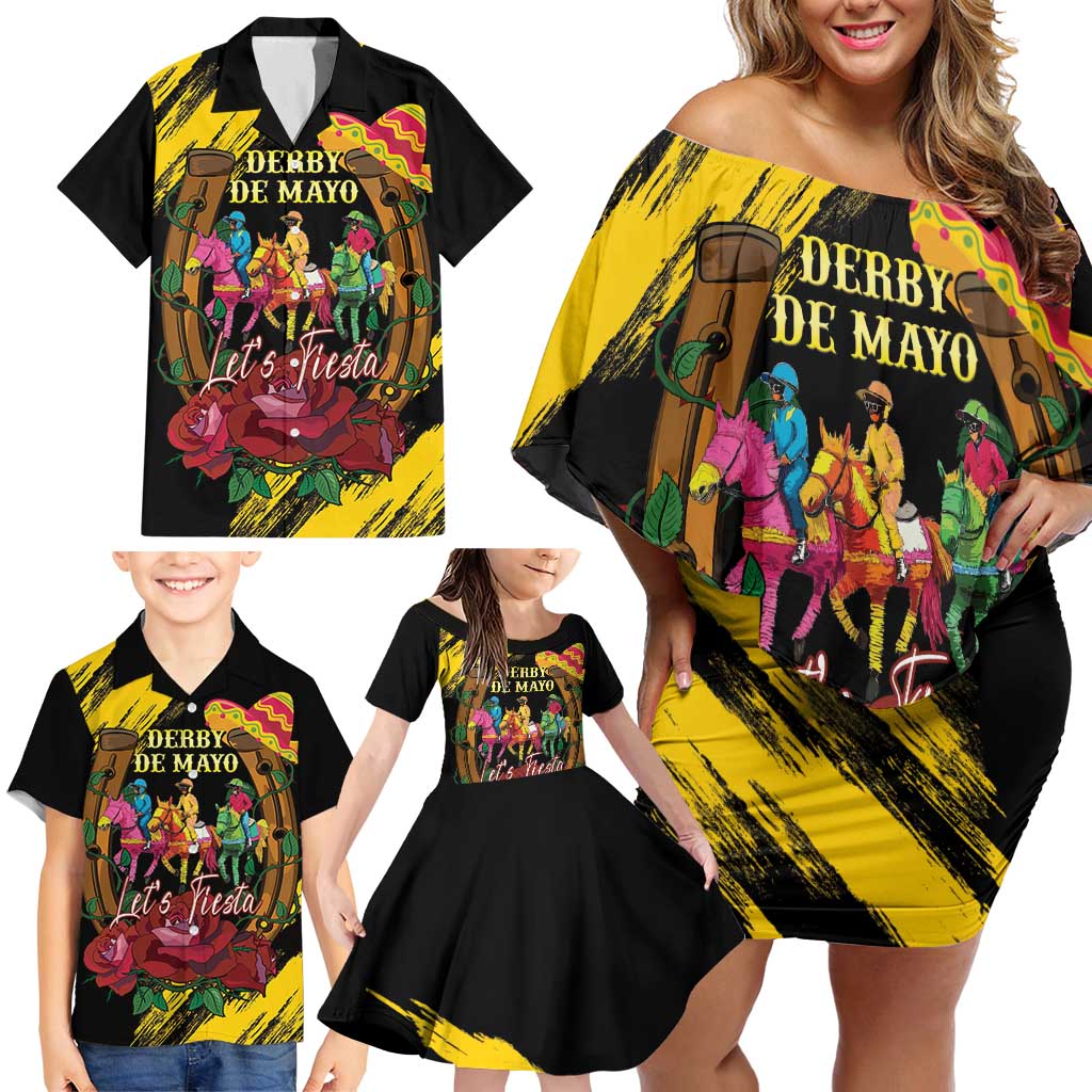 Derby De Mayo 2025 Family Matching Off Shoulder Short Dress and Hawaiian Shirt Pinata Horse Racing Let's Fiesta