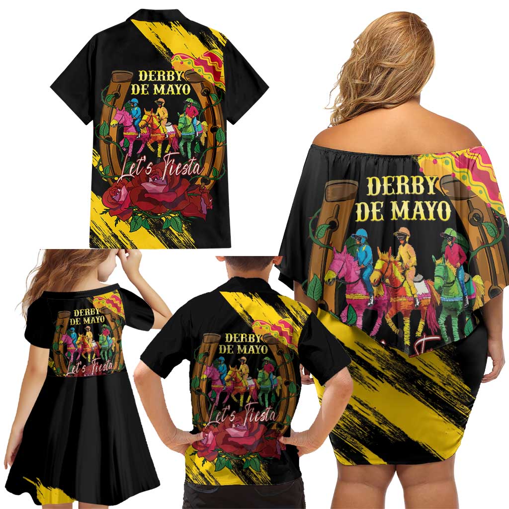 Derby De Mayo 2025 Family Matching Off Shoulder Short Dress and Hawaiian Shirt Pinata Horse Racing Let's Fiesta
