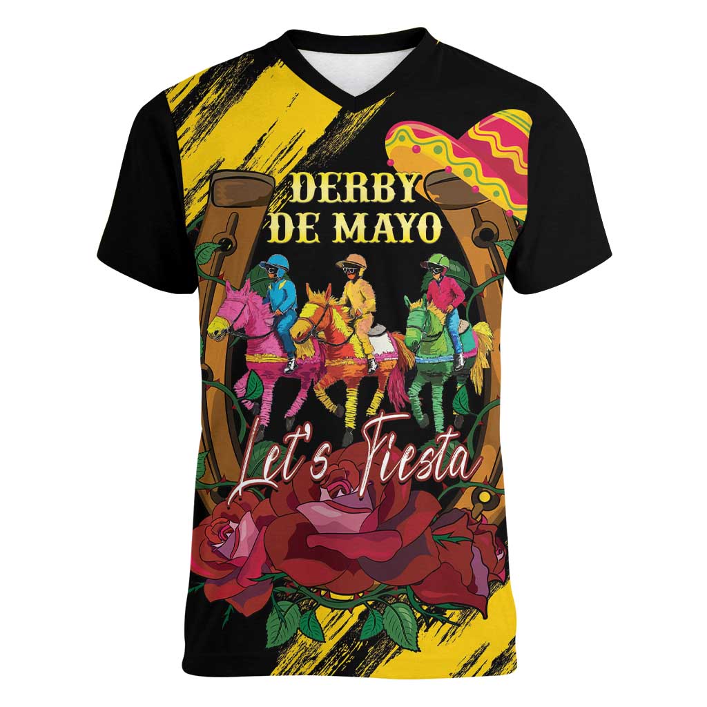 Derby De Mayo 2025 Women V-Neck T-Shirt Pinata Horse Racing Let's Fiesta - Wonder Print Shop