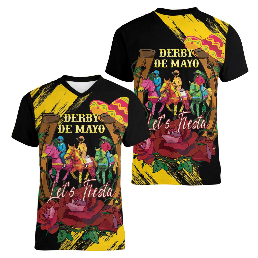Derby De Mayo 2025 Women V-Neck T-Shirt Pinata Horse Racing Let's Fiesta - Wonder Print Shop