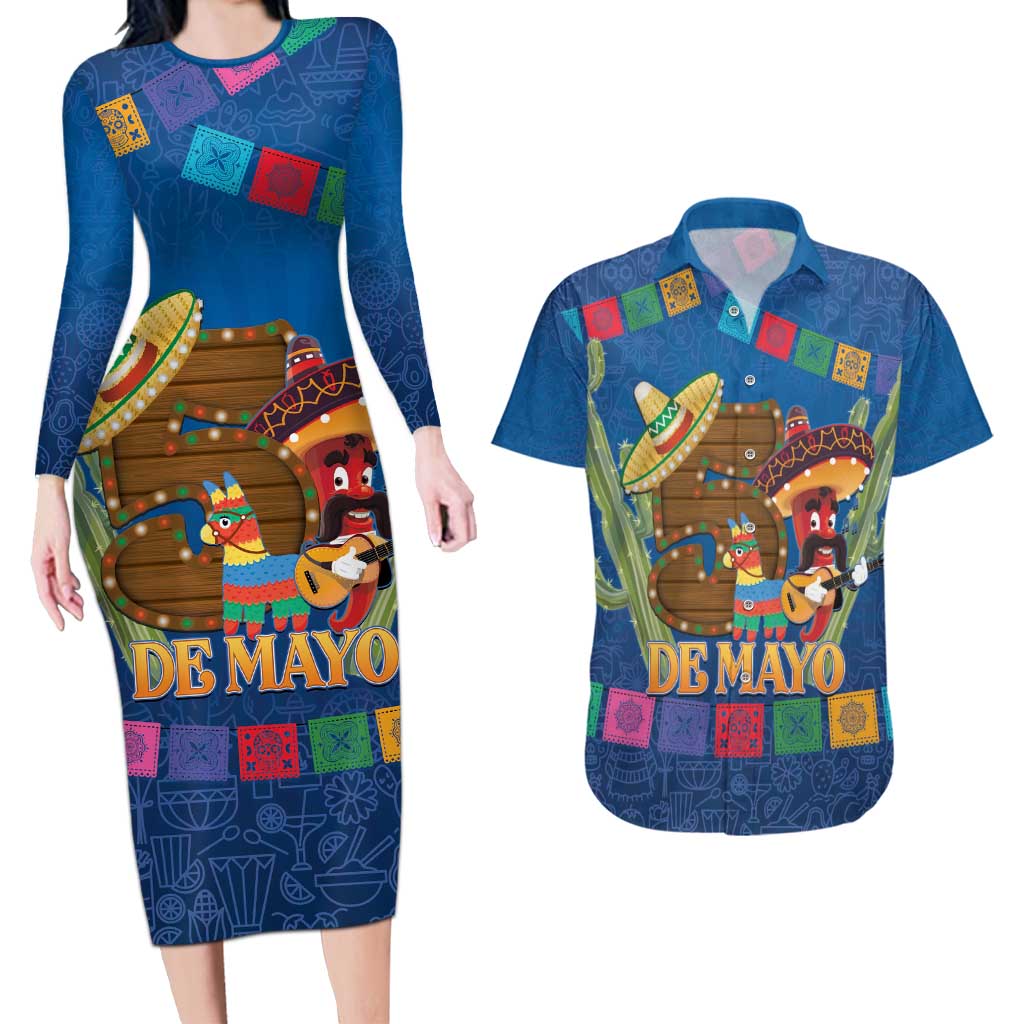 Mexico Cinco De Mayo 2025 Couples Matching Long Sleeve Bodycon Dress and Hawaiian Shirt Chili Pepper Let's Fiesta