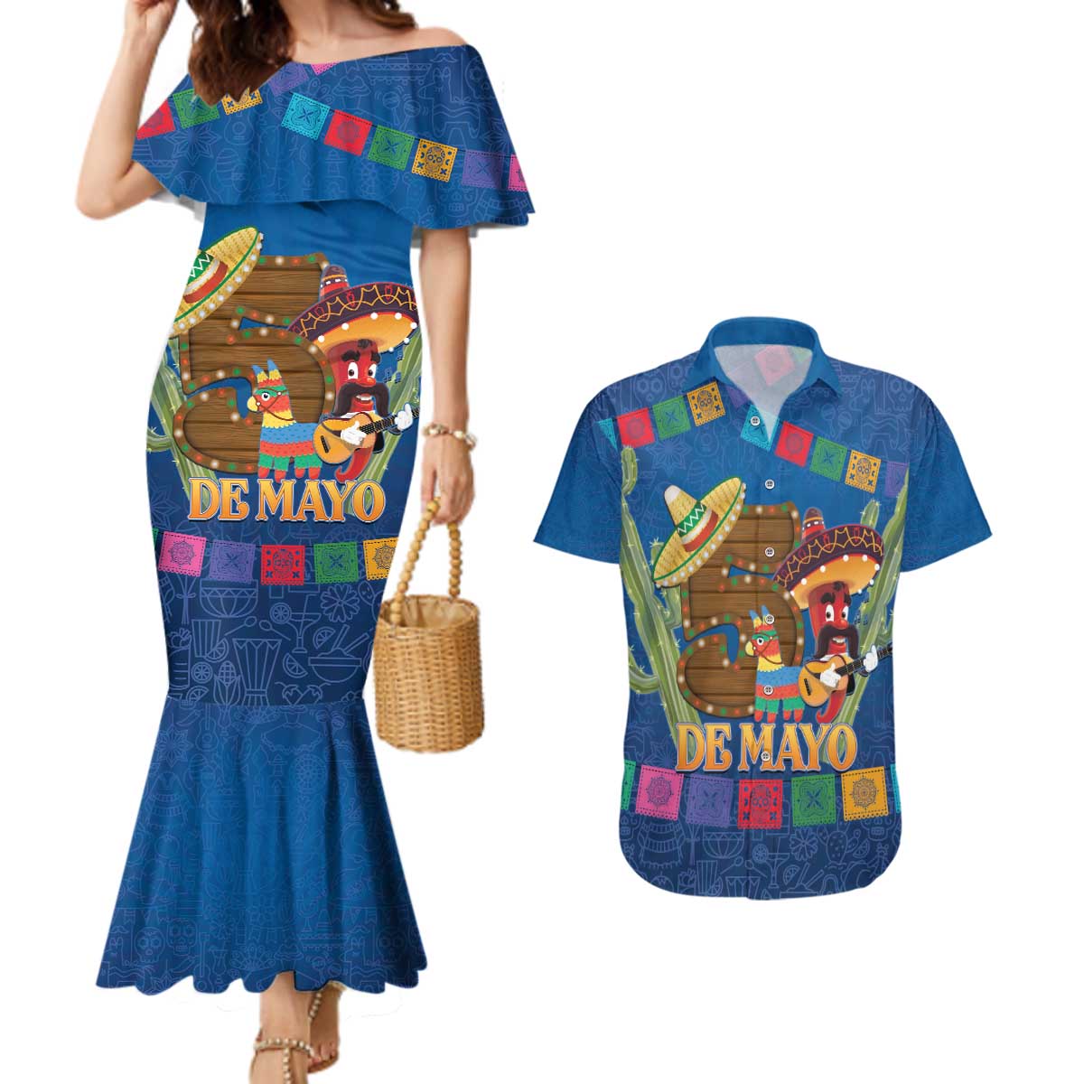 Mexico Cinco De Mayo 2025 Couples Matching Mermaid Dress and Hawaiian Shirt Chili Pepper Let's Fiesta