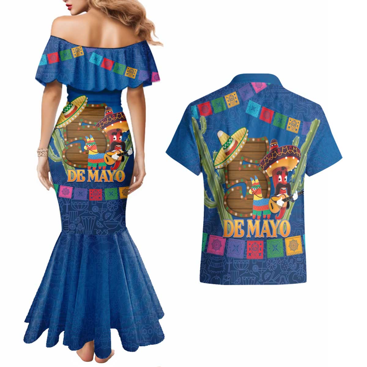 Mexico Cinco De Mayo 2025 Couples Matching Mermaid Dress and Hawaiian Shirt Chili Pepper Let's Fiesta