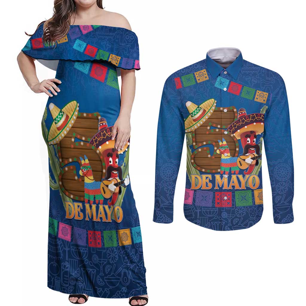 Mexico Cinco De Mayo 2025 Couples Matching Off Shoulder Maxi Dress and Long Sleeve Button Shirt Chili Pepper Let's Fiesta