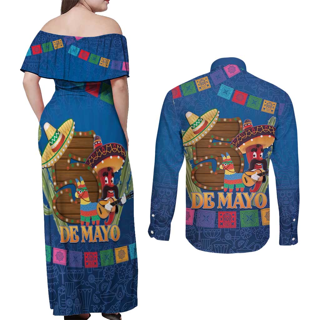 Mexico Cinco De Mayo 2025 Couples Matching Off Shoulder Maxi Dress and Long Sleeve Button Shirt Chili Pepper Let's Fiesta