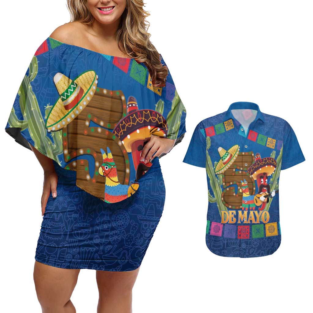 Mexico Cinco De Mayo 2025 Couples Matching Off Shoulder Short Dress and Hawaiian Shirt Chili Pepper Let's Fiesta
