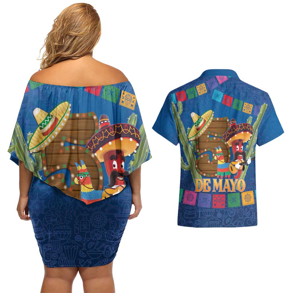 Mexico Cinco De Mayo 2025 Couples Matching Off Shoulder Short Dress and Hawaiian Shirt Chili Pepper Let's Fiesta