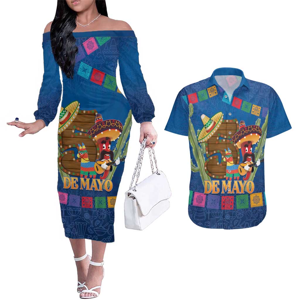 Mexico Cinco De Mayo 2025 Couples Matching Off The Shoulder Long Sleeve Dress and Hawaiian Shirt Chili Pepper Let's Fiesta
