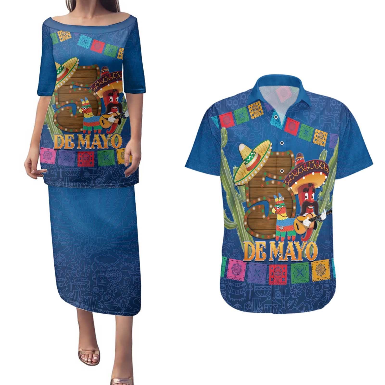 Mexico Cinco De Mayo 2025 Couples Matching Puletasi and Hawaiian Shirt Chili Pepper Let's Fiesta