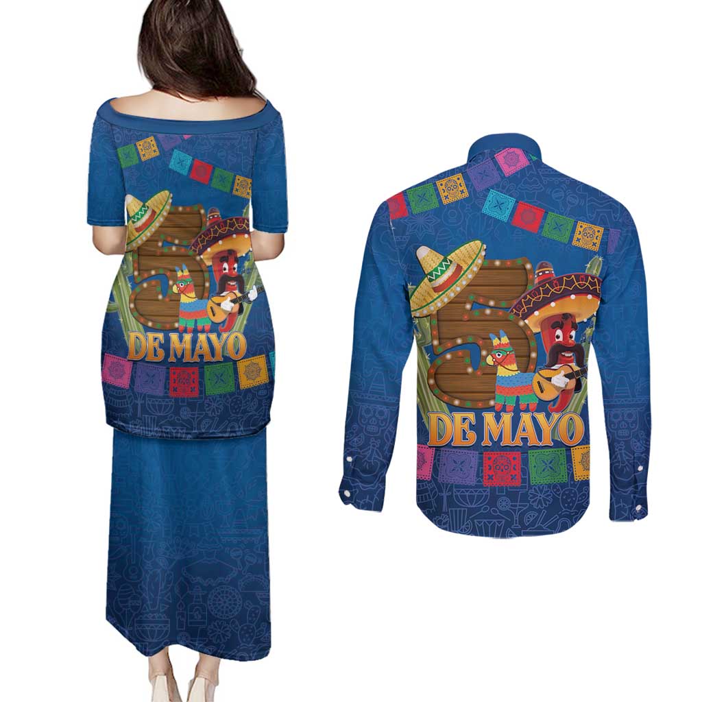 Mexico Cinco De Mayo 2025 Couples Matching Puletasi and Long Sleeve Button Shirt Chili Pepper Let's Fiesta