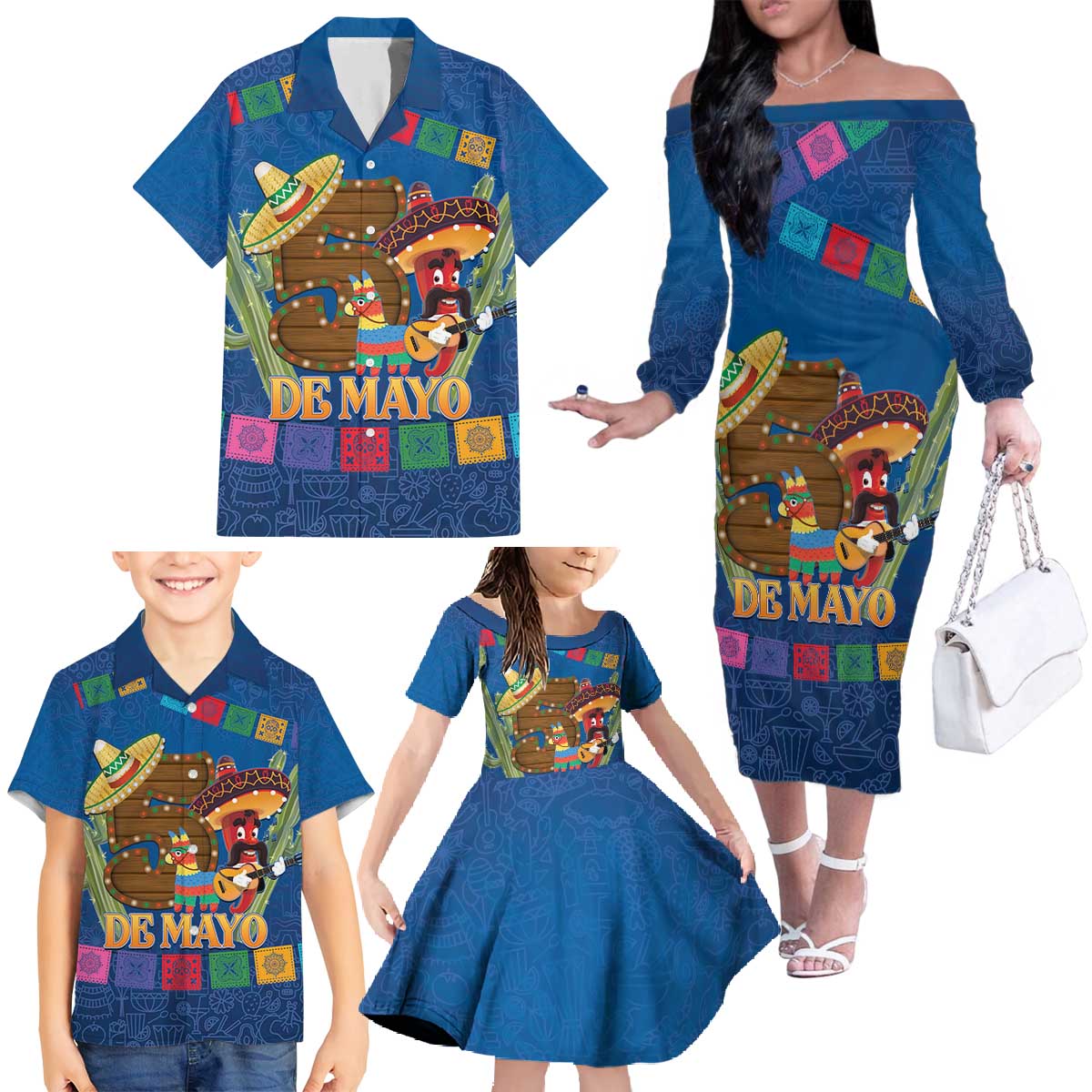 Mexico Cinco De Mayo 2025 Family Matching Off The Shoulder Long Sleeve Dress and Hawaiian Shirt Chili Pepper Let's Fiesta